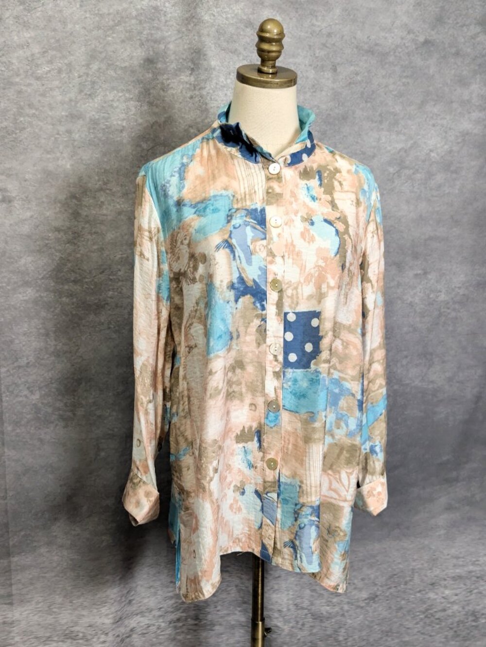 Multiples Wired Collar Tunic Size L Blue Abstract Button Front Shirt Artsy - Picture 2 of 7